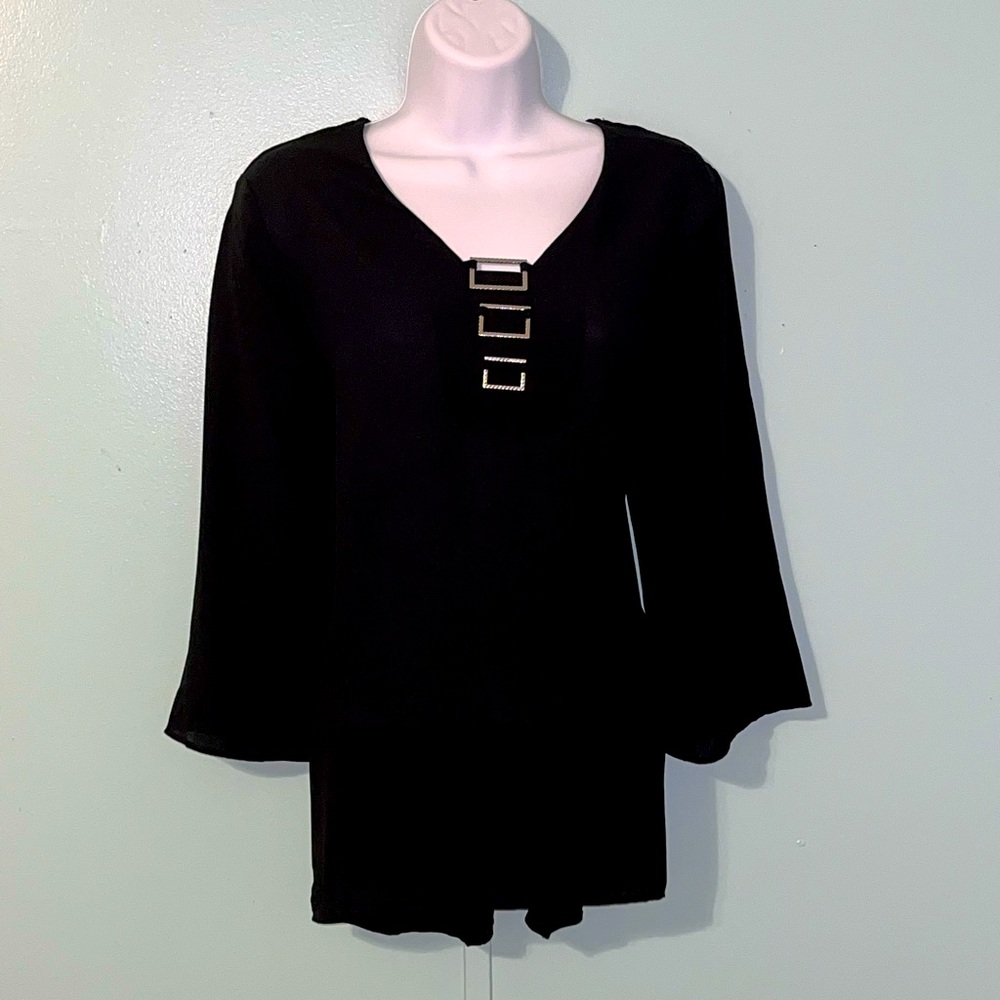 Cato Est 1846‎ Blouse Black Size Medium Silver Buckles Asymmetrical Sheer